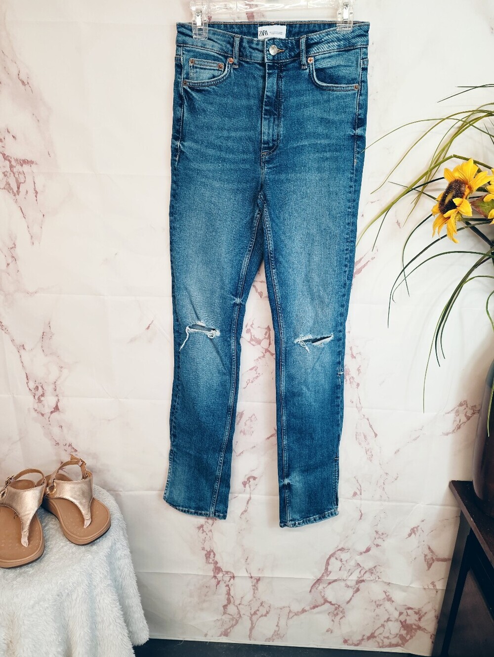 Zara High Rise Split Hem Distressed Skinny Jeans Medium Wash Size 6 - Picture 3 of 7